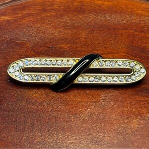 Vintage Brooch signed Monet, gold tone, black enamel, rhinestones